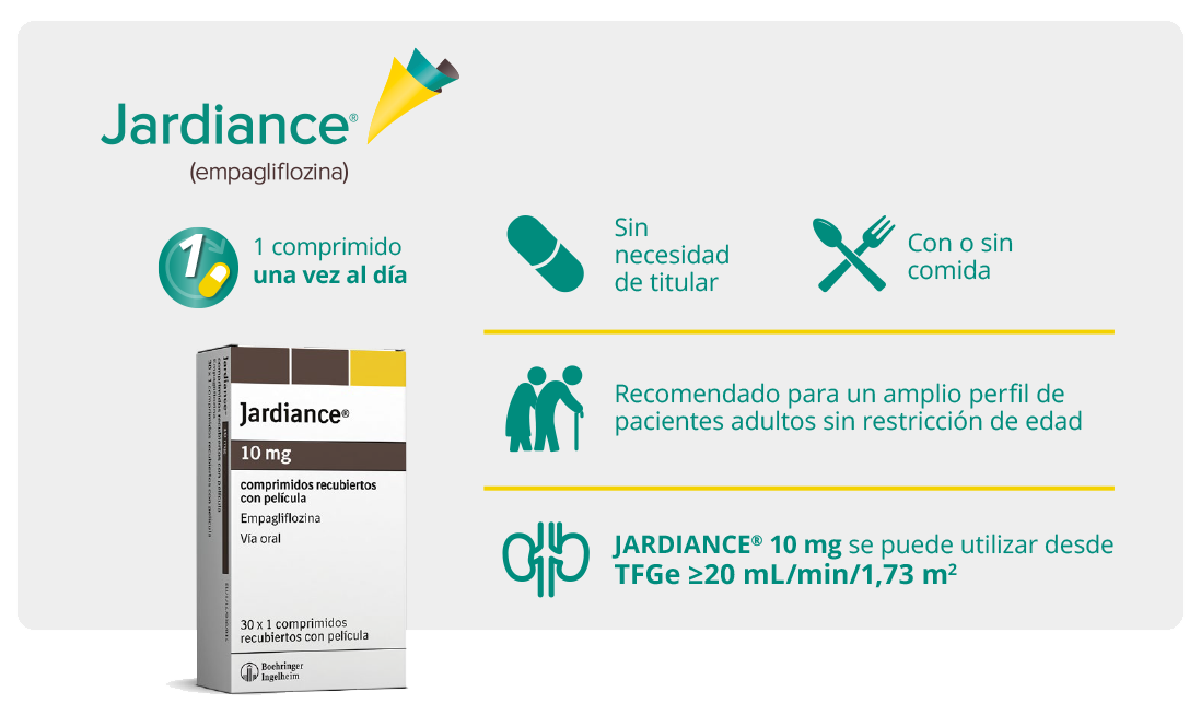 JARDIANCE® presenta una posología simple para tus pacientes con IC, DM2 y/o ERC.